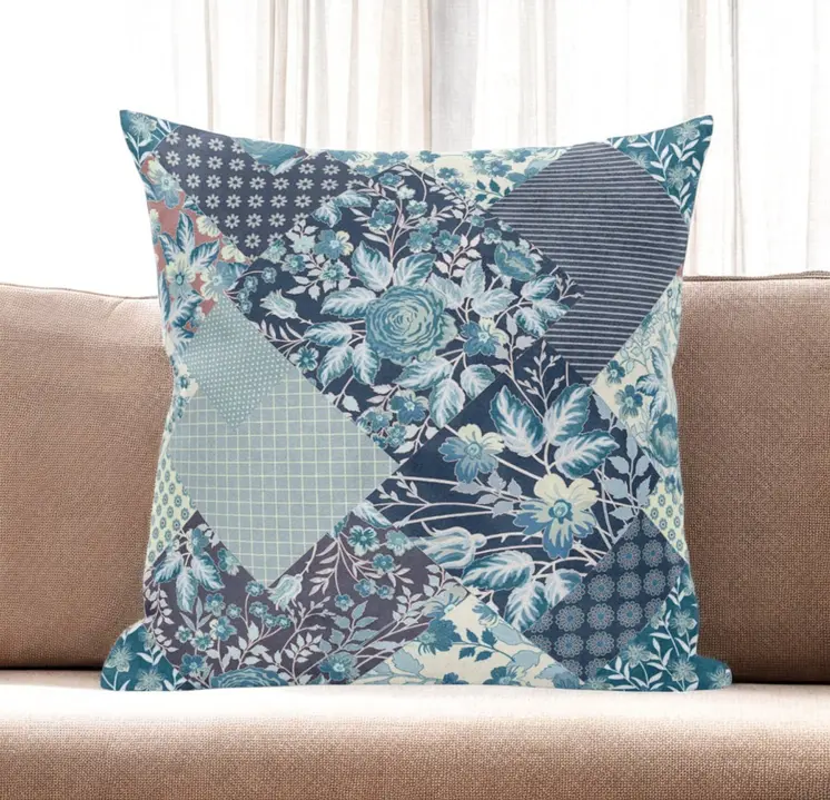 16" Blue White Floral Zippered Suede Throw Pillow