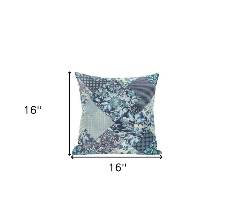 16" Blue White Floral Zippered Suede Throw Pillow