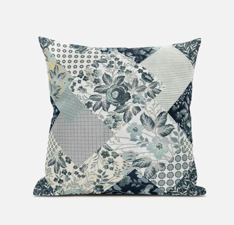 20" Gray White Floral Zippered Suede Throw Pillow