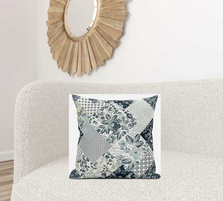 20" Gray White Floral Zippered Suede Throw Pillow