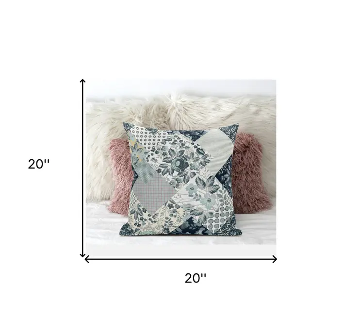 20" Gray White Floral Zippered Suede Throw Pillow