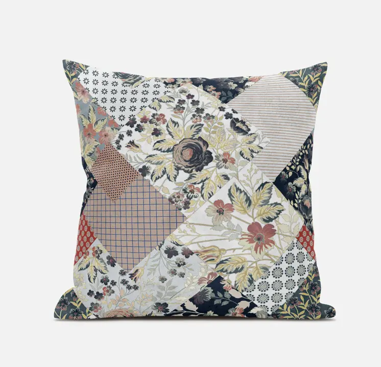 16" Peach Black Floral Zippered Suede Throw Pillow