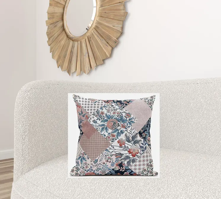20" White Pink Floral Zippered Suede Throw Pillow
