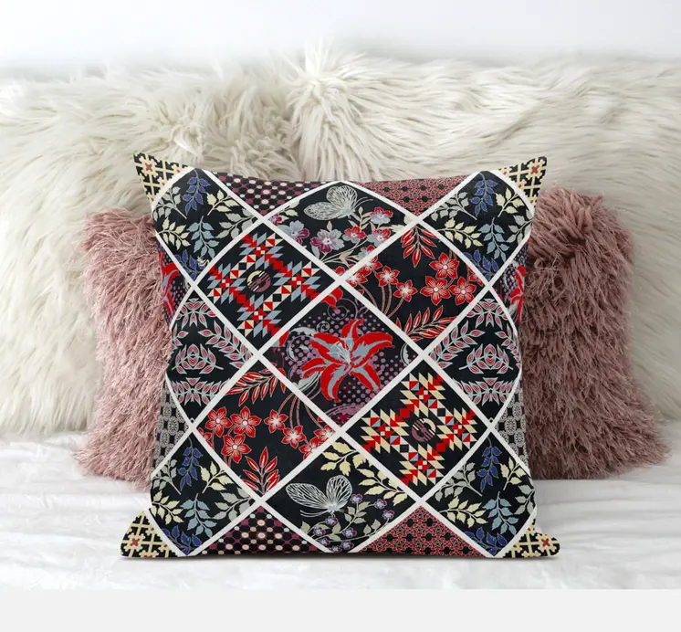20” Black Red Patch Suede Zippered Throw Pillow