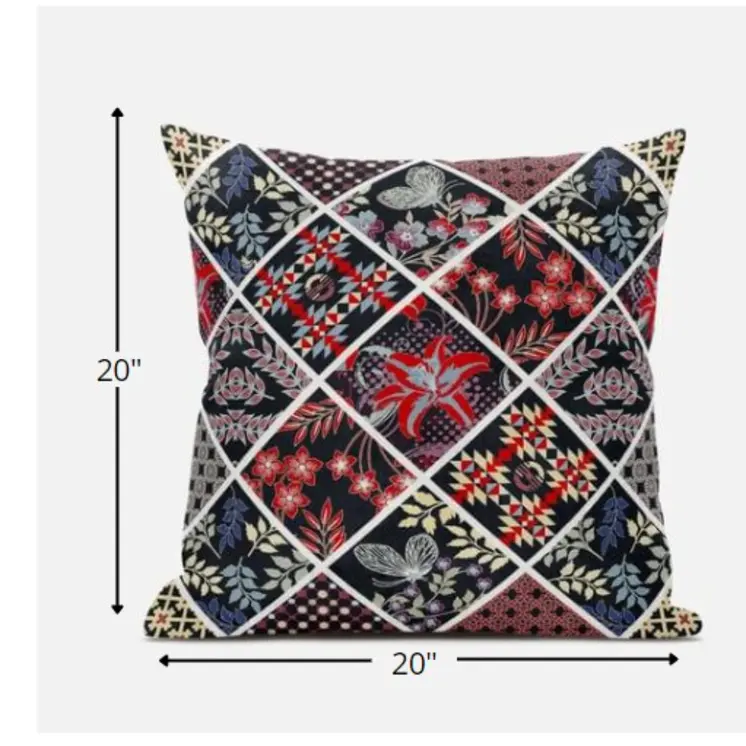 20” Black Red Patch Suede Zippered Throw Pillow