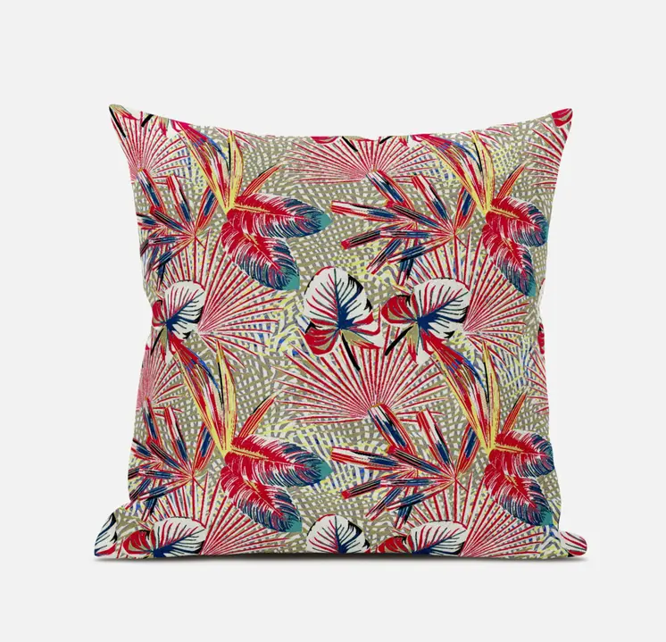 18” Red Gold Tropical Zippered Suede Throw Pillow