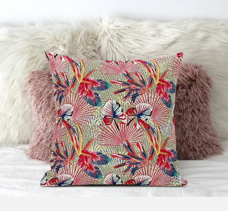 18” Red Gold Tropical Zippered Suede Throw Pillow