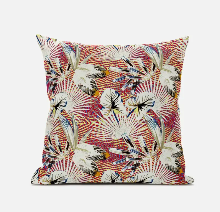 20” White Red Tropical Zippered Suede Throw Pillow