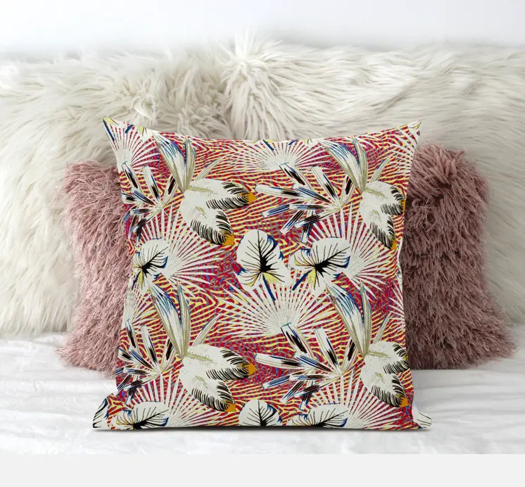 20” White Red Tropical Zippered Suede Throw Pillow