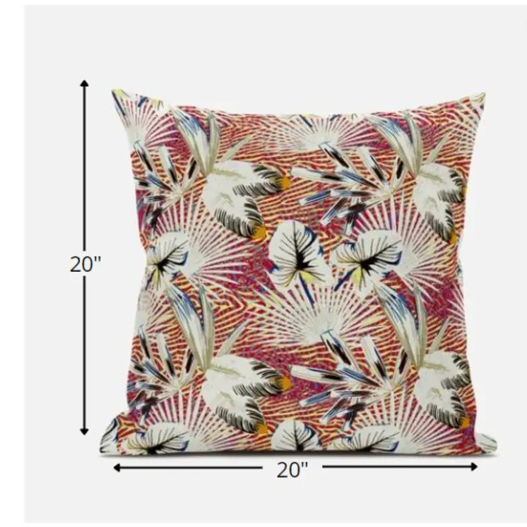 20” White Red Tropical Zippered Suede Throw Pillow