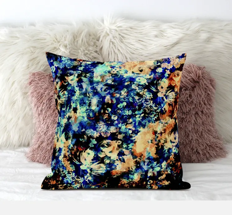16" Orange Blue Springtime Zippered Suede Throw Pillow