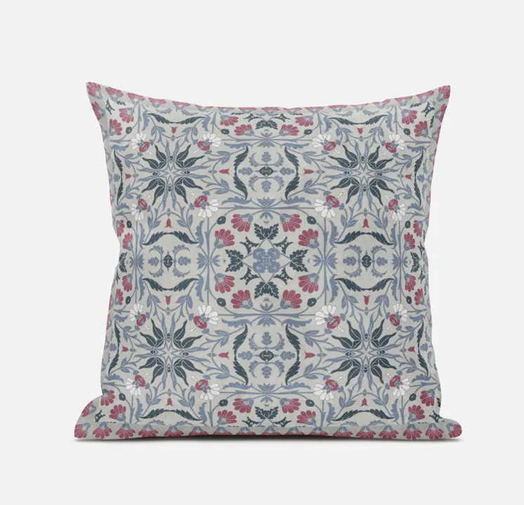 18” Pink Gray Paisley Zippered Suede Throw Pillow