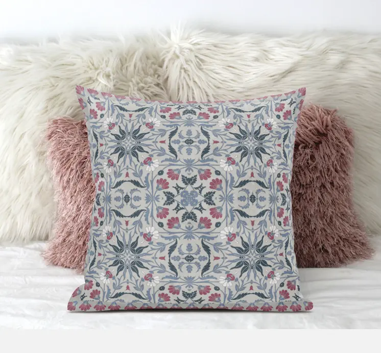18” Pink Gray Paisley Zippered Suede Throw Pillow