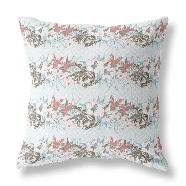 28" X 28" Light Blue Blown Seam Floral Indoor Outdoor Throw Pillow