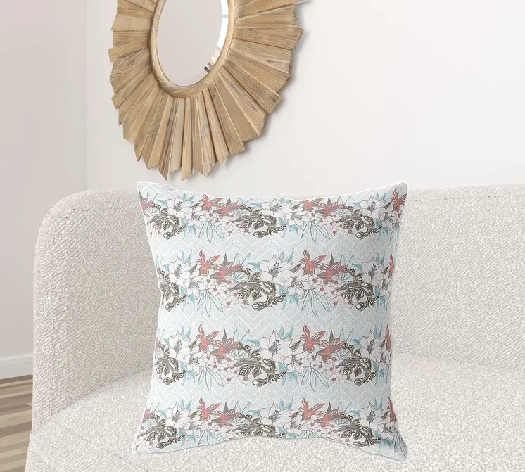 28" X 28" Light Blue Blown Seam Floral Indoor Outdoor Throw Pillow