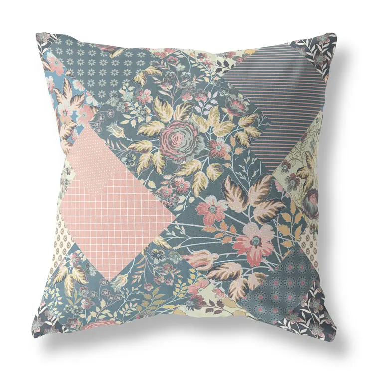28" Green Peach Boho Floral Indoor Outdoor Throw Pillow