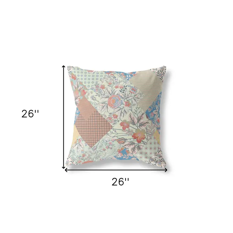26" Cream Red Boho Floral Indoor Outdoor Throw Pillow