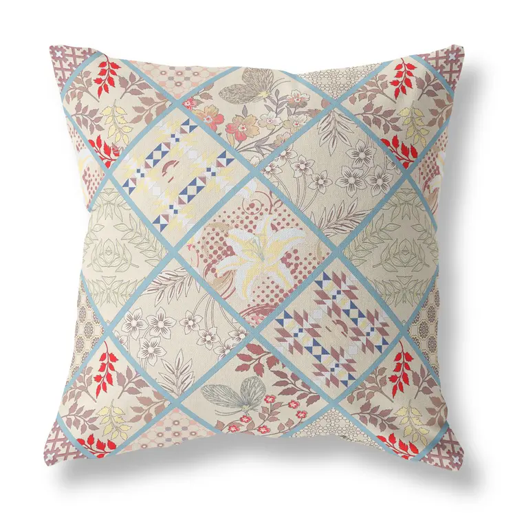 20” Cream Red Patch Indoor Outdoor Throw Pillow