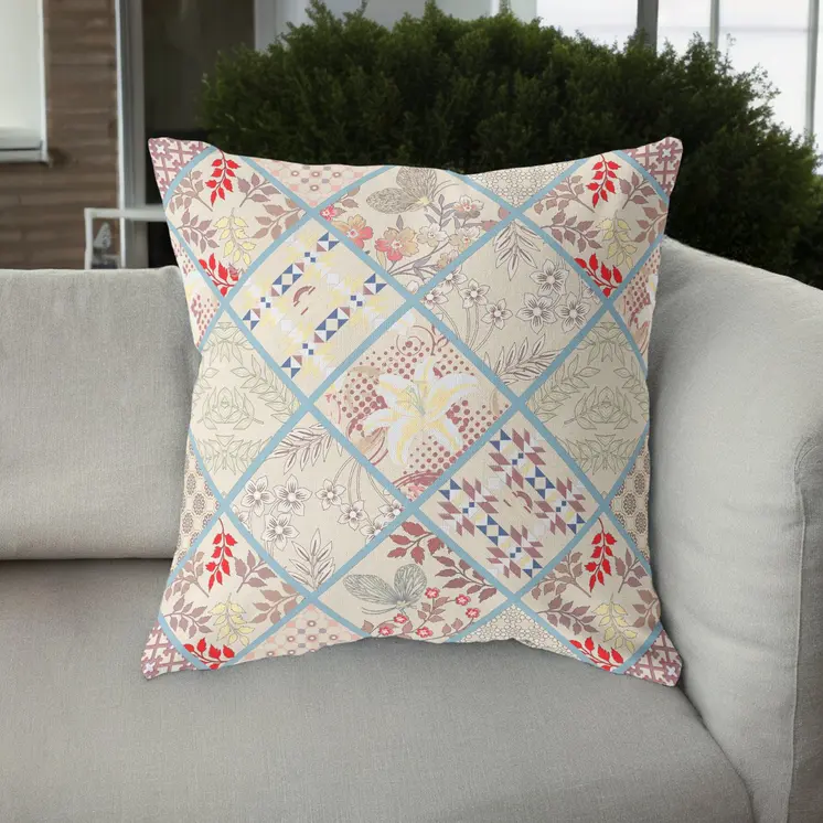 20” Cream Red Patch Indoor Outdoor Throw Pillow