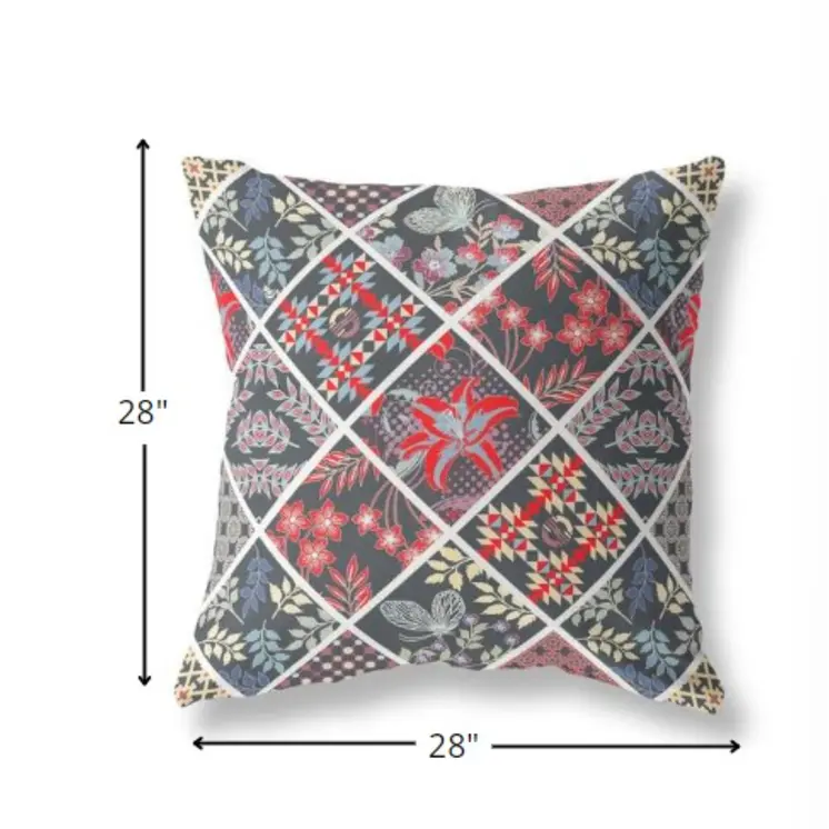 28” Black Red Patch Indoor Outdoor Throw Pillow