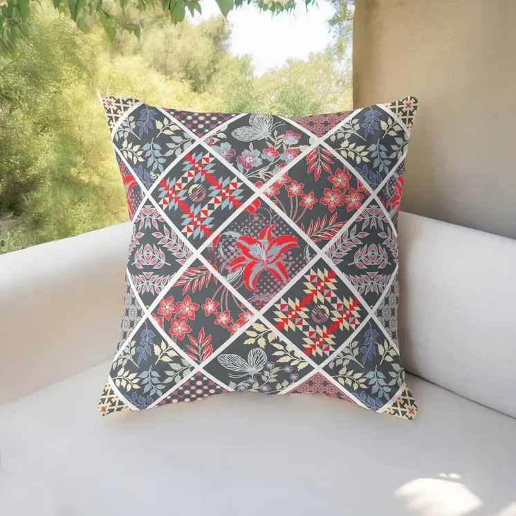 28” Black Red Patch Indoor Outdoor Throw Pillow