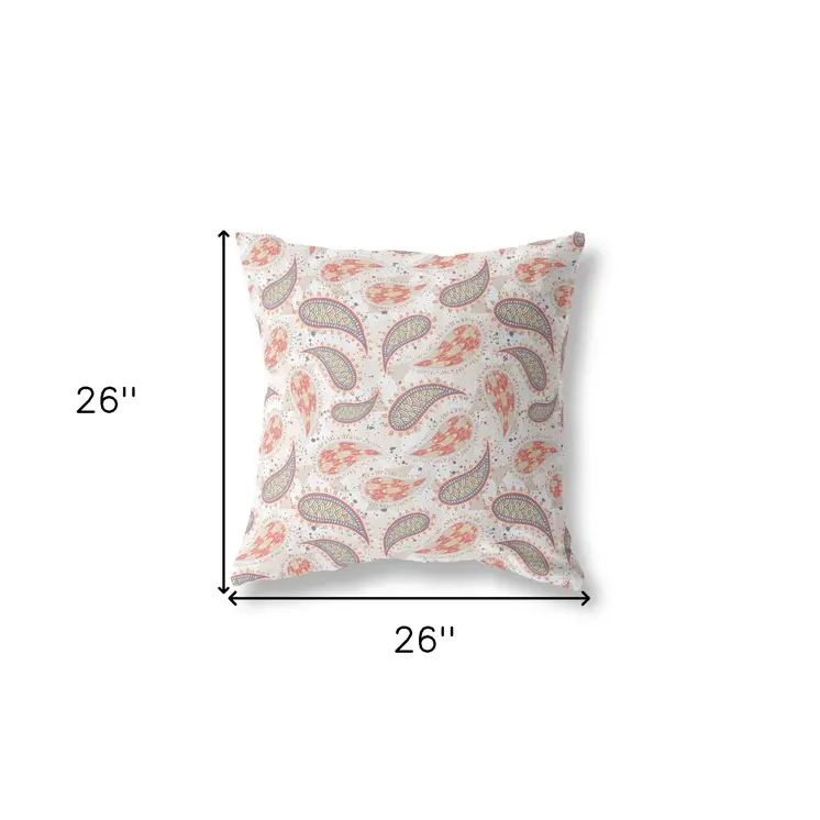 26” Red Beige Boho Paisley Indoor Outdoor Throw Pillow
