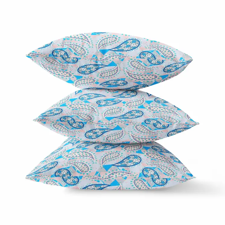 26” Blue Peach Boho Paisley Indoor Outdoor Throw Pillow