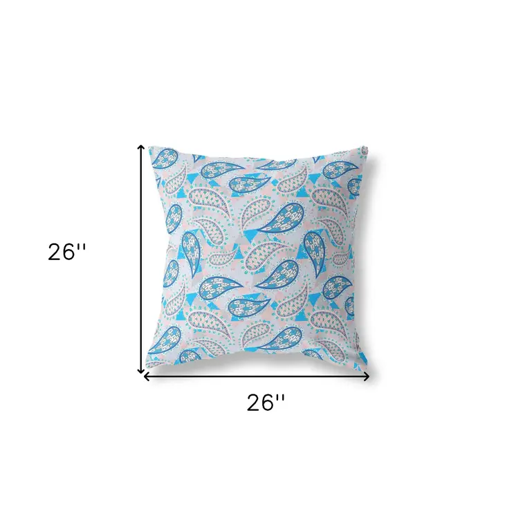 26” Blue Peach Boho Paisley Indoor Outdoor Throw Pillow