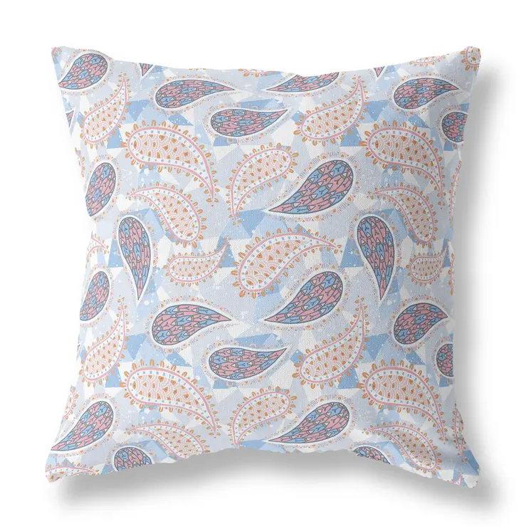 26” Blue Pink Boho Paisley Indoor Outdoor Throw Pillow
