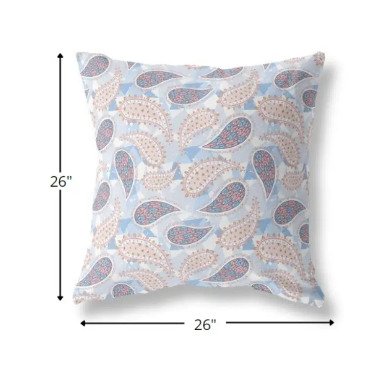 26” Blue Pink Boho Paisley Indoor Outdoor Throw Pillow