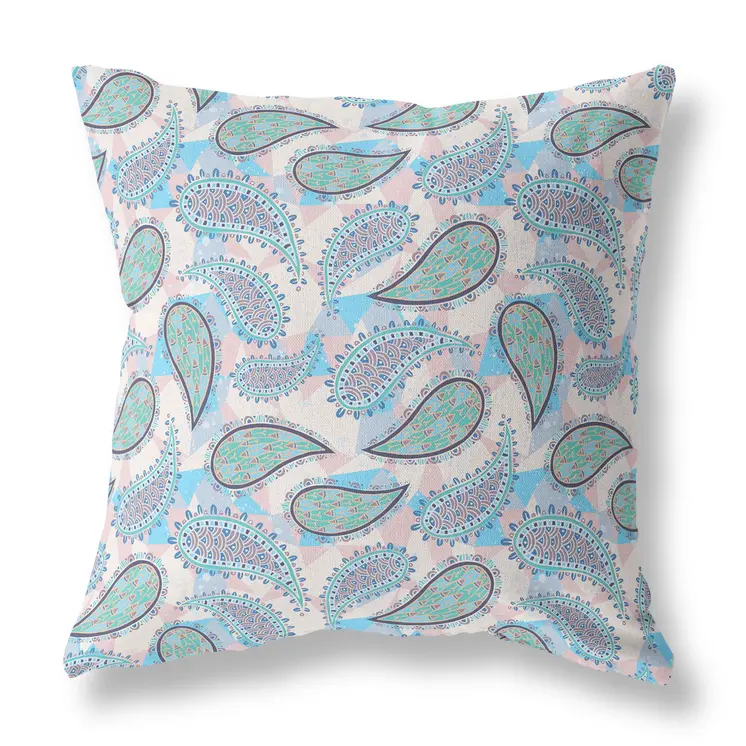 26” Blue Green Boho Paisley Indoor Outdoor Throw Pillow