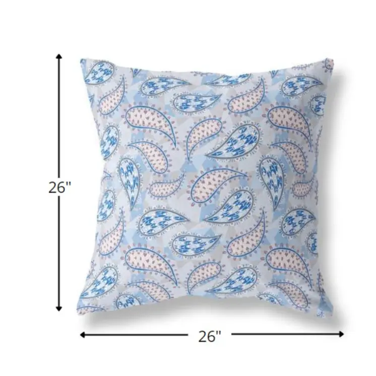 26” Blue Gray Boho Paisley Indoor Outdoor Throw Pillow