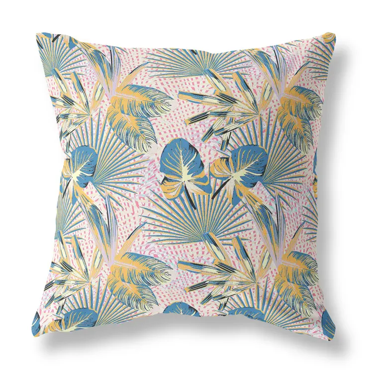 28” Blue Gold Tropical Indoor Outdoor Throw Pillow