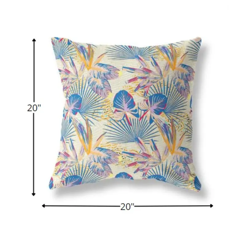 20” Blue Cream Tropical Indoor Outdoor Throw Pillow