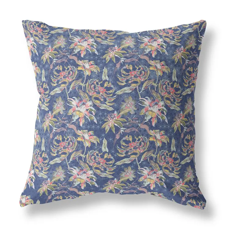 26” Blue Yellow Roses Indoor Outdoor Throw Pillow