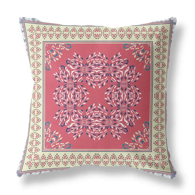 26" X 26" Red And Cream Blown Seam Floral Indoor Outdoor Throw Pillow