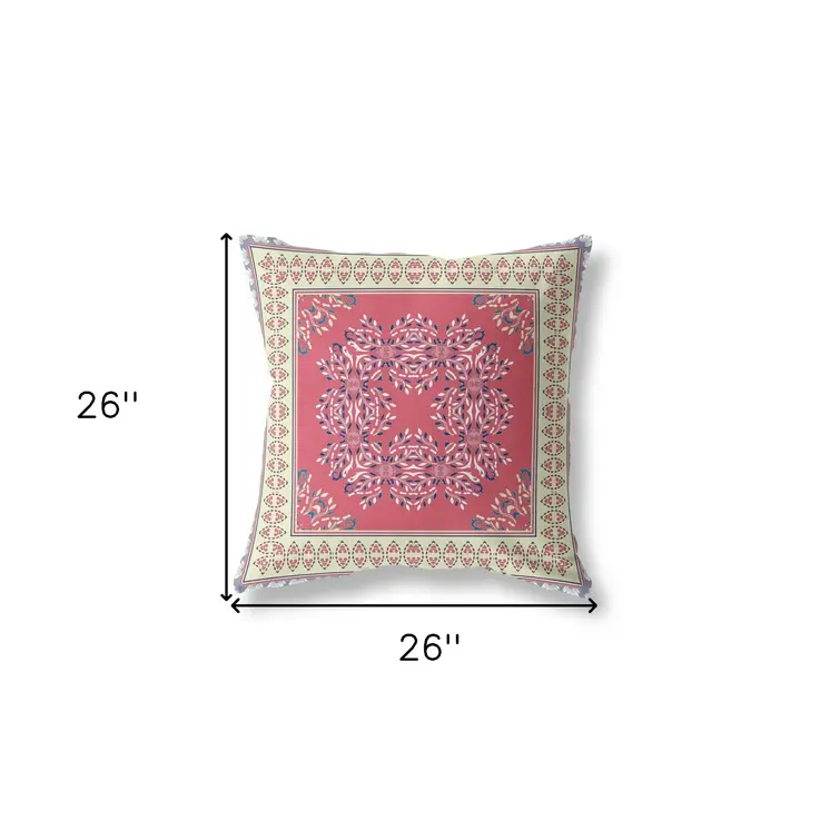 26" X 26" Red And Cream Blown Seam Floral Indoor Outdoor Throw Pillow
