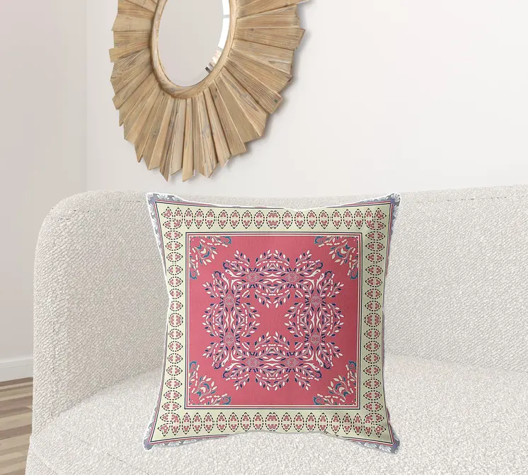 26" X 26" Red And Cream Blown Seam Floral Indoor Outdoor Throw Pillow