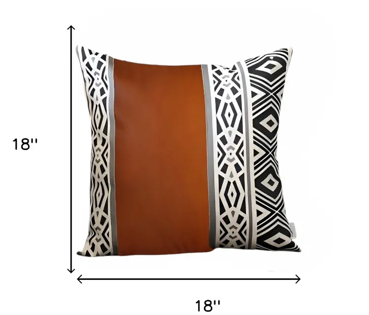 Set of Four 18" Brown Black and White Geometric Fabric and Faux Leather Throw Pillows