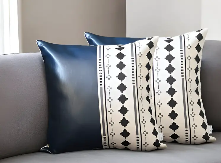 Set of Two 17" Navy Blue Diamond Fabric and Faux Leather Throw Pillow Covers