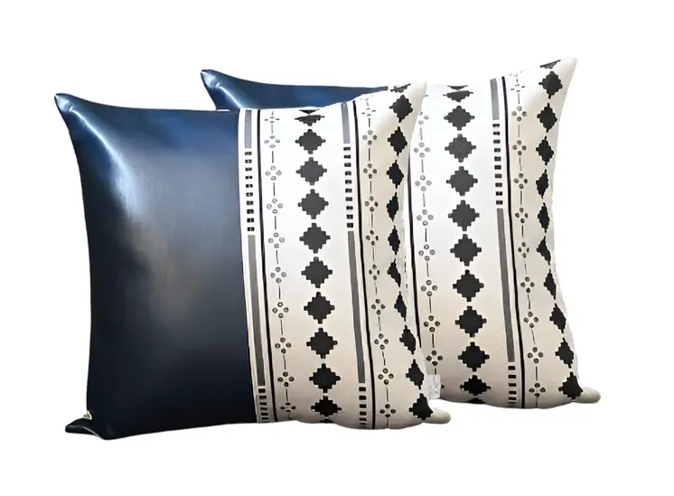 Set of Two 17" Navy Blue Diamond Fabric and Faux Leather Throw Pillow Covers