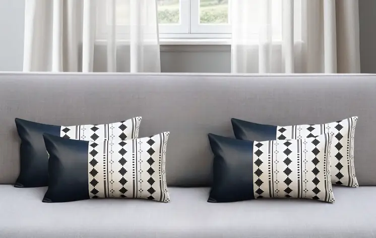 Set of Four 12" X 20" White Diamond Fabric and Faux Leather Lumbar Throw Pillow Covers