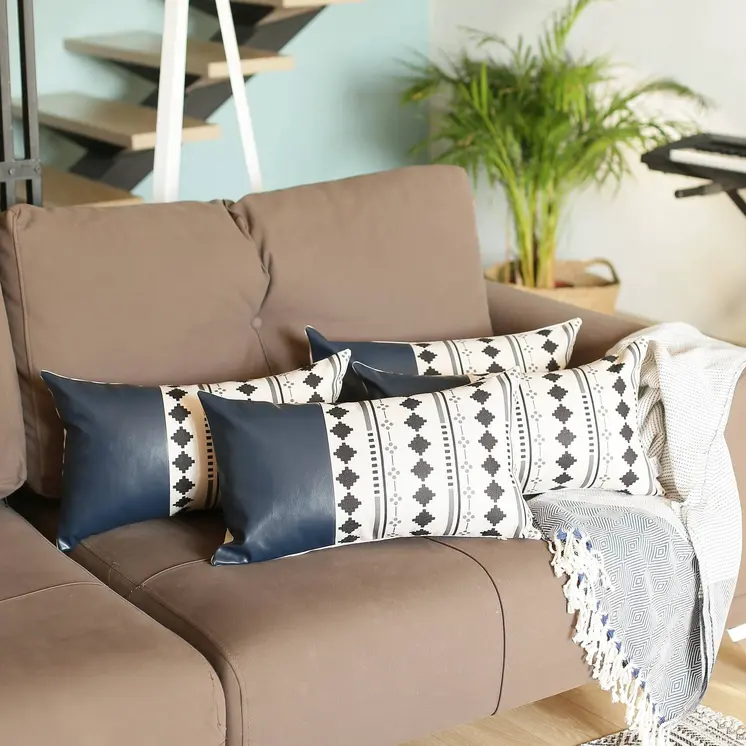 Set of Four 12" X 20" White Diamond Fabric and Faux Leather Lumbar Throw Pillow Covers