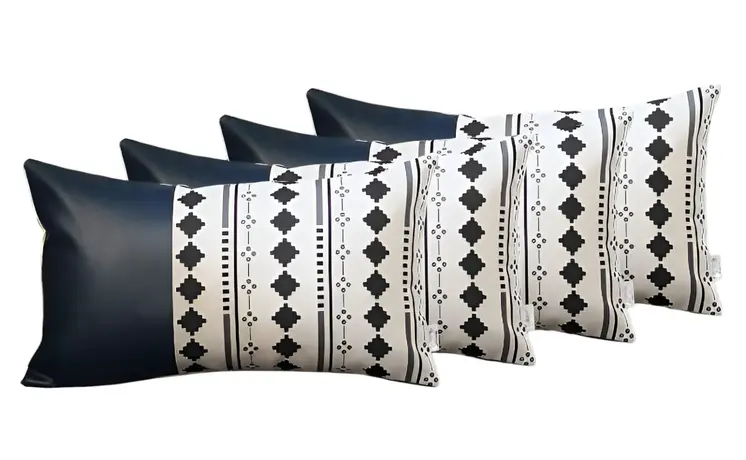 Set of Four 12" X 20" White Diamond Fabric and Faux Leather Lumbar Throw Pillow Covers