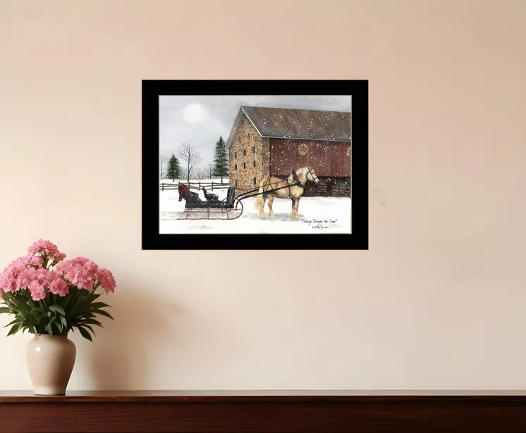 Dashing Though The Snow Black Framed Print Wall Art