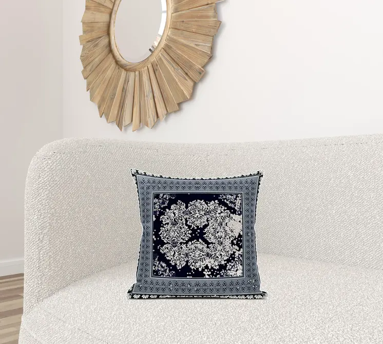 18" X 18" Gray And White Blown Seam Geometric Indoor Outdoor Throw Pillow