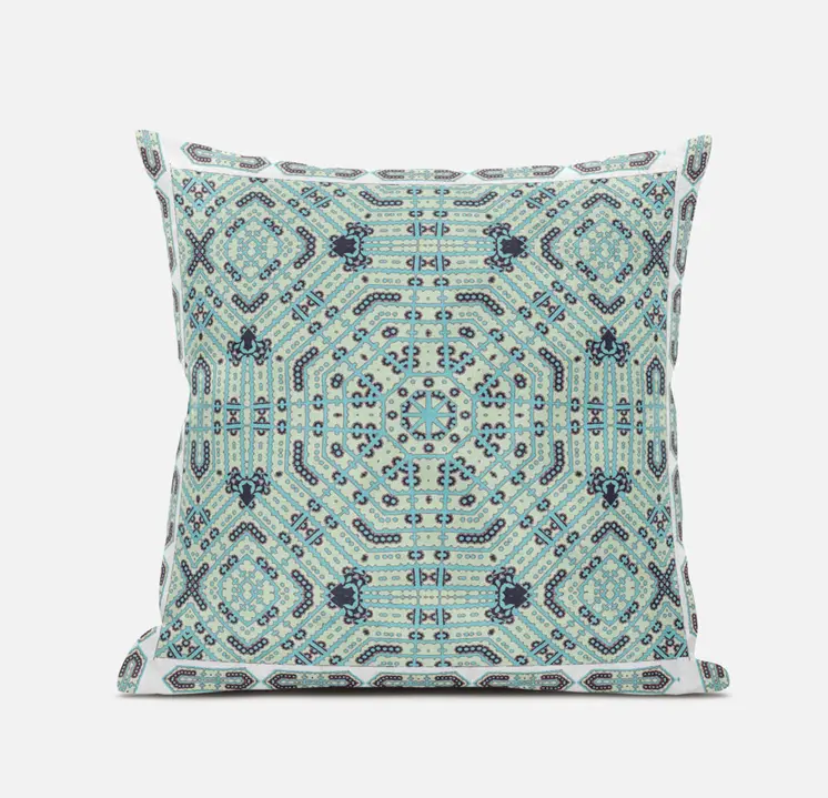 20" X 20" Blue Light Green Geometric Blown Seam Suede Throw Pillow