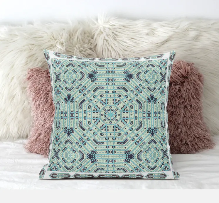 20" X 20" Blue Light Green Geometric Blown Seam Suede Throw Pillow