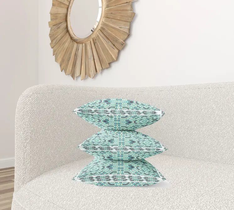 20" X 20" Blue Light Green Geometric Blown Seam Suede Throw Pillow