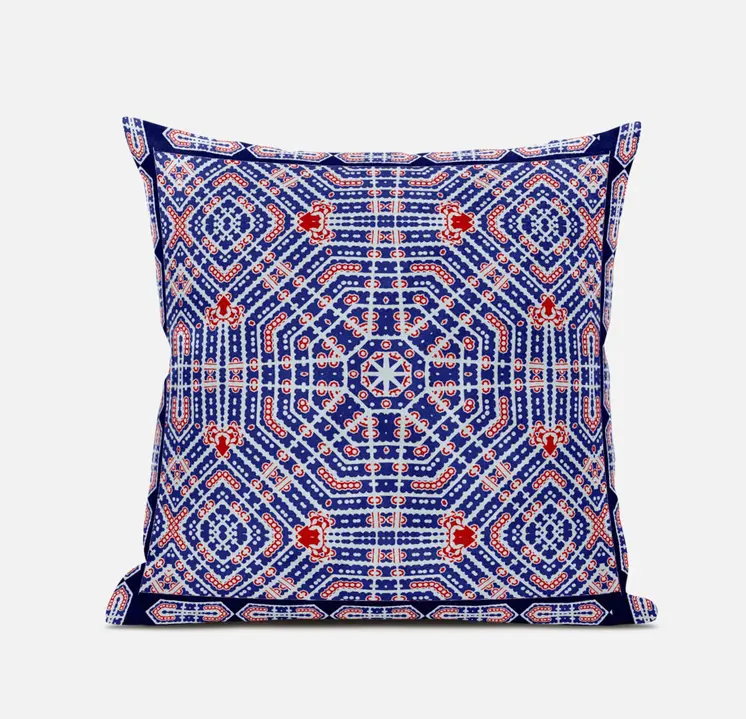20" X 20" Indigo Red Geometric Blown Seam Suede Throw Pillow